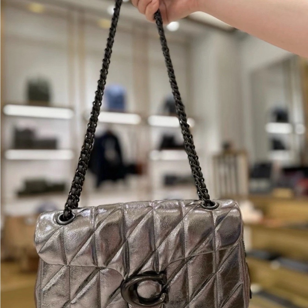 NWT Coach Metallic Leather Tabby Shoulder Bag 26 With Quilting - V5/Anthracite - Picture 2 of 12